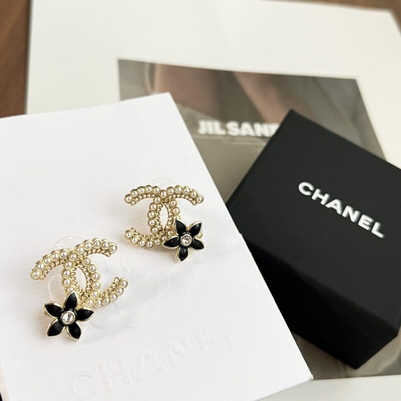 ☑️CHANEL香奈儿c1双c珍珠黑色茶花耳钉耳环 - Image 8