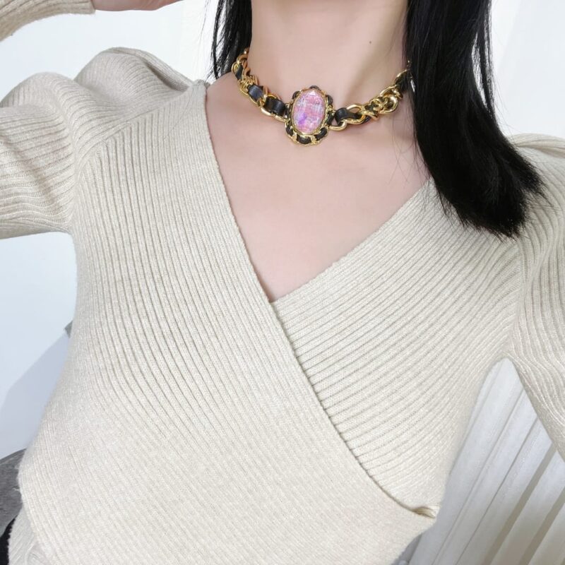☑️CHANEL香奈儿粉宝石黑皮绳颈链项链 - Image 5