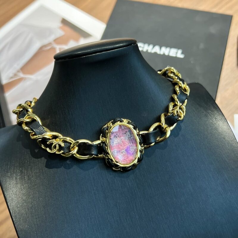 ☑️CHANEL香奈儿粉宝石黑皮绳颈链项链 - Image 8
