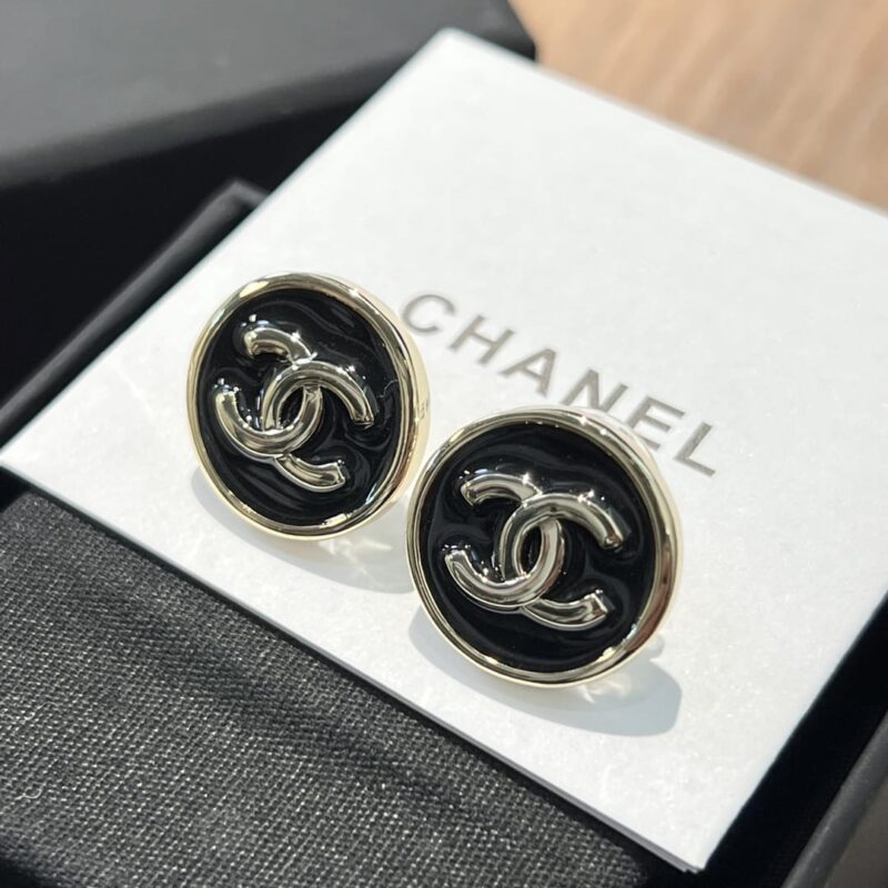 ☑️CHANEL香奈儿c1双c圆形黑色耳钉耳环 - Image 9