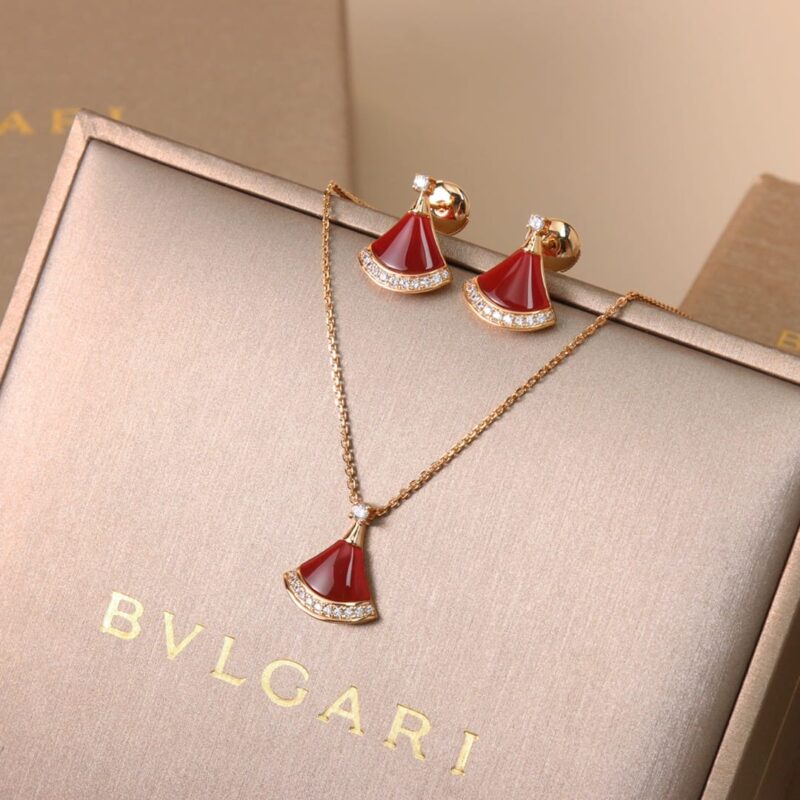 BVLGARI宝格丽经典红玉髓白贝母扇子项链 耳钉 - Image 5