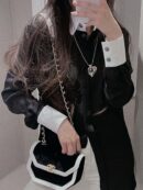 CHANEL香奈儿双c桃心黑皮绳项链