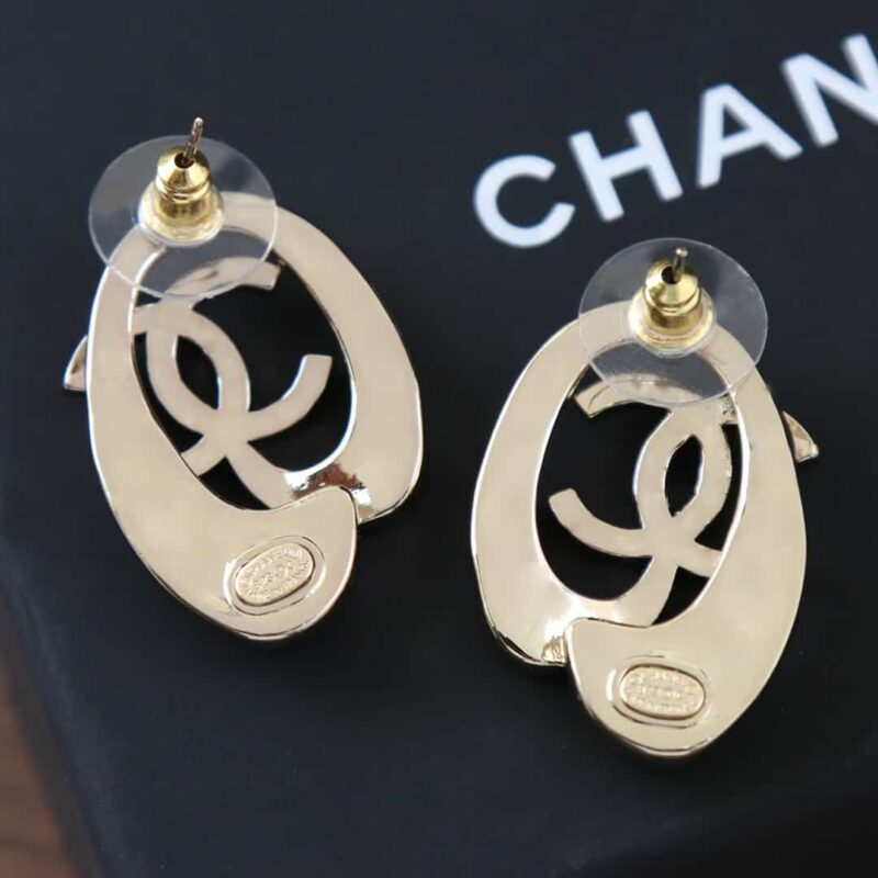 ☑️CHANEL香奈儿C1双c金色椭圆镂空耳钉耳环 - Image 9