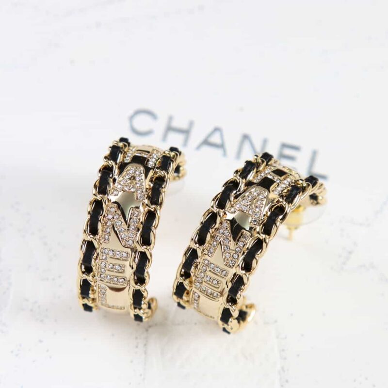☑️CHANEL香奈儿c1双c半圆黑皮绳满钻字母耳钉耳环 - Image 8