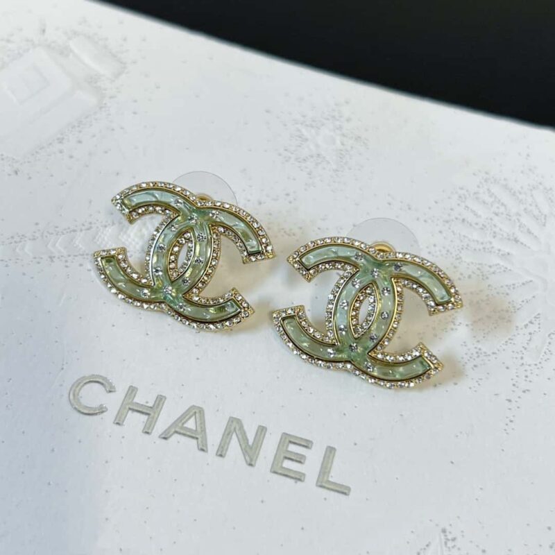 ☑️CHANEL香奈儿c1双c带钻绿色亚克力耳钉耳环 - Image 6
