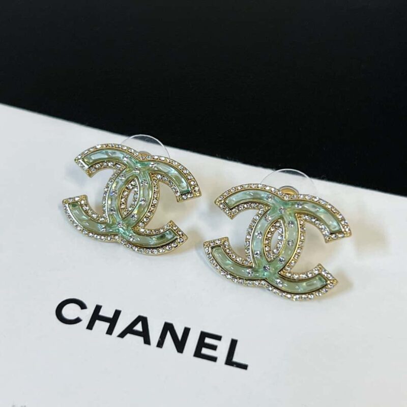 ☑️CHANEL香奈儿c1双c带钻绿色亚克力耳钉耳环 - Image 9