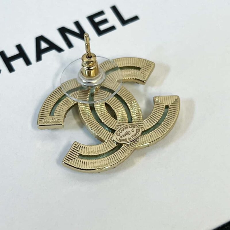 ☑️CHANEL香奈儿c1双c带钻绿色亚克力耳钉耳环 - Image 10