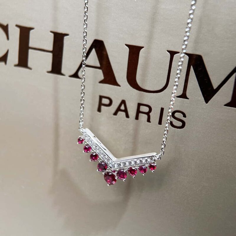 ☀️尚美巴黎 CHAUMET JOSÉPHINE AIGRETTE约瑟芬皇后系列白鹭红钻V字项链 - Image 7