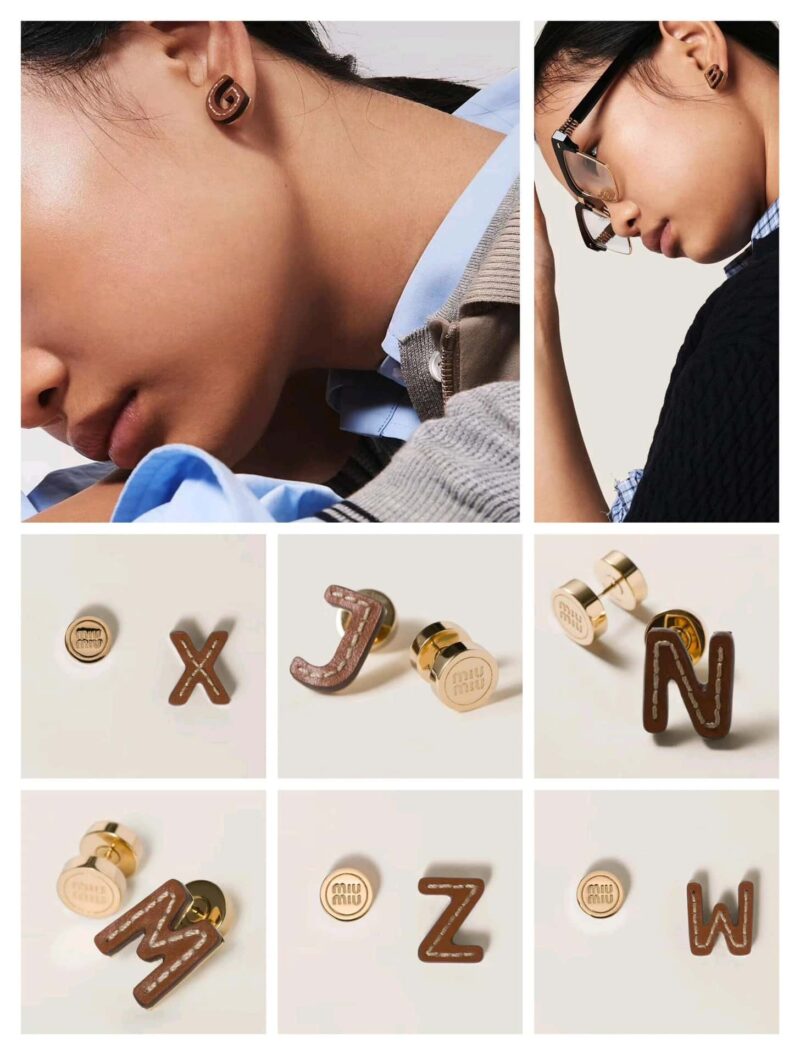 （一对）MIU MIU缪缪不对称皮革字母耳钉耳环 - Image 5