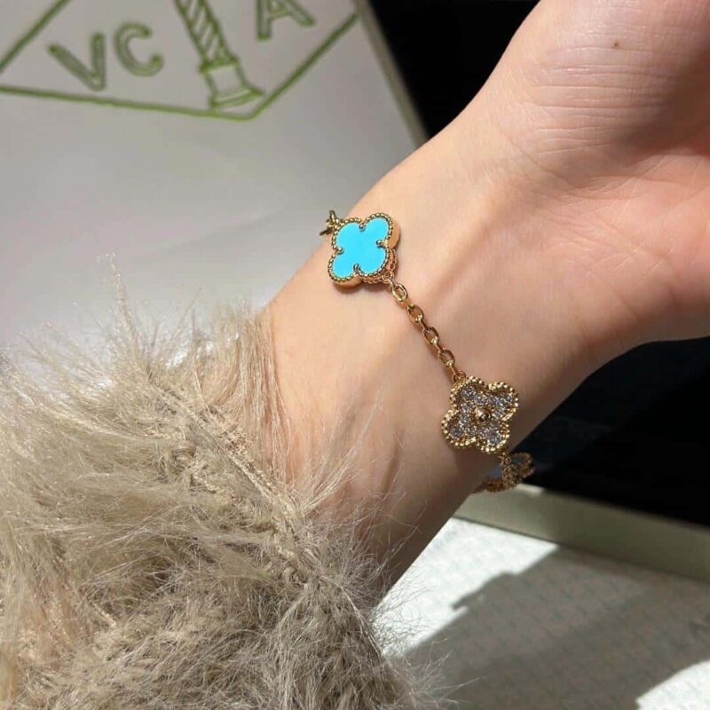 CNC版本 ☀️Van Cleef &Arpels 梵克雅宝间钻绿松石四叶草五花手链 ☀ - Image 10