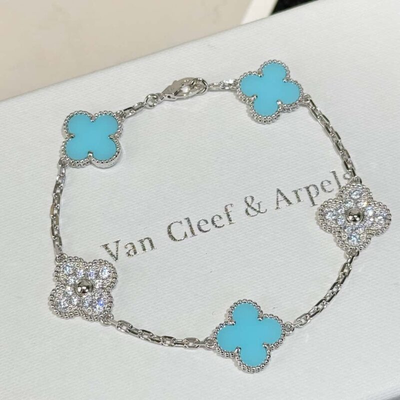 CNC版本 ☀️Van Cleef &Arpels 梵克雅宝间钻绿松石四叶草五花手链 ☀ - Image 18