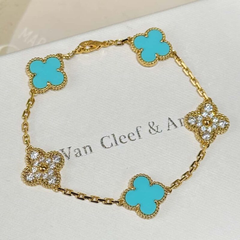 CNC版本 ☀️Van Cleef &Arpels 梵克雅宝间钻绿松石四叶草五花手链 ☀ - Image 19