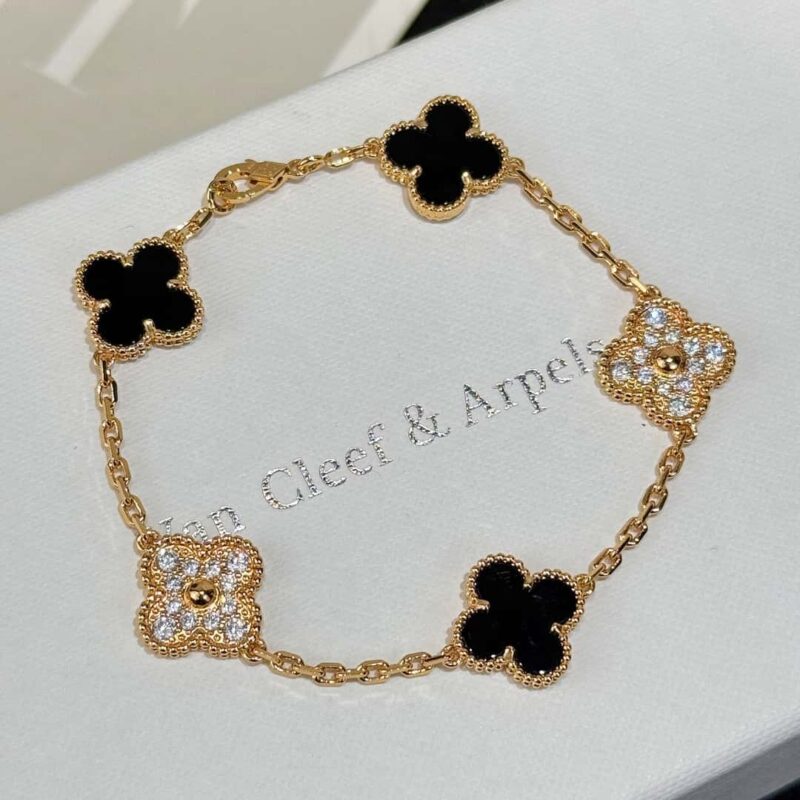 CNC版本 ☀️Van Cleef &Arpels 梵克雅宝间钻黑玛瑙四叶草五花手链 ☀ - Image 26